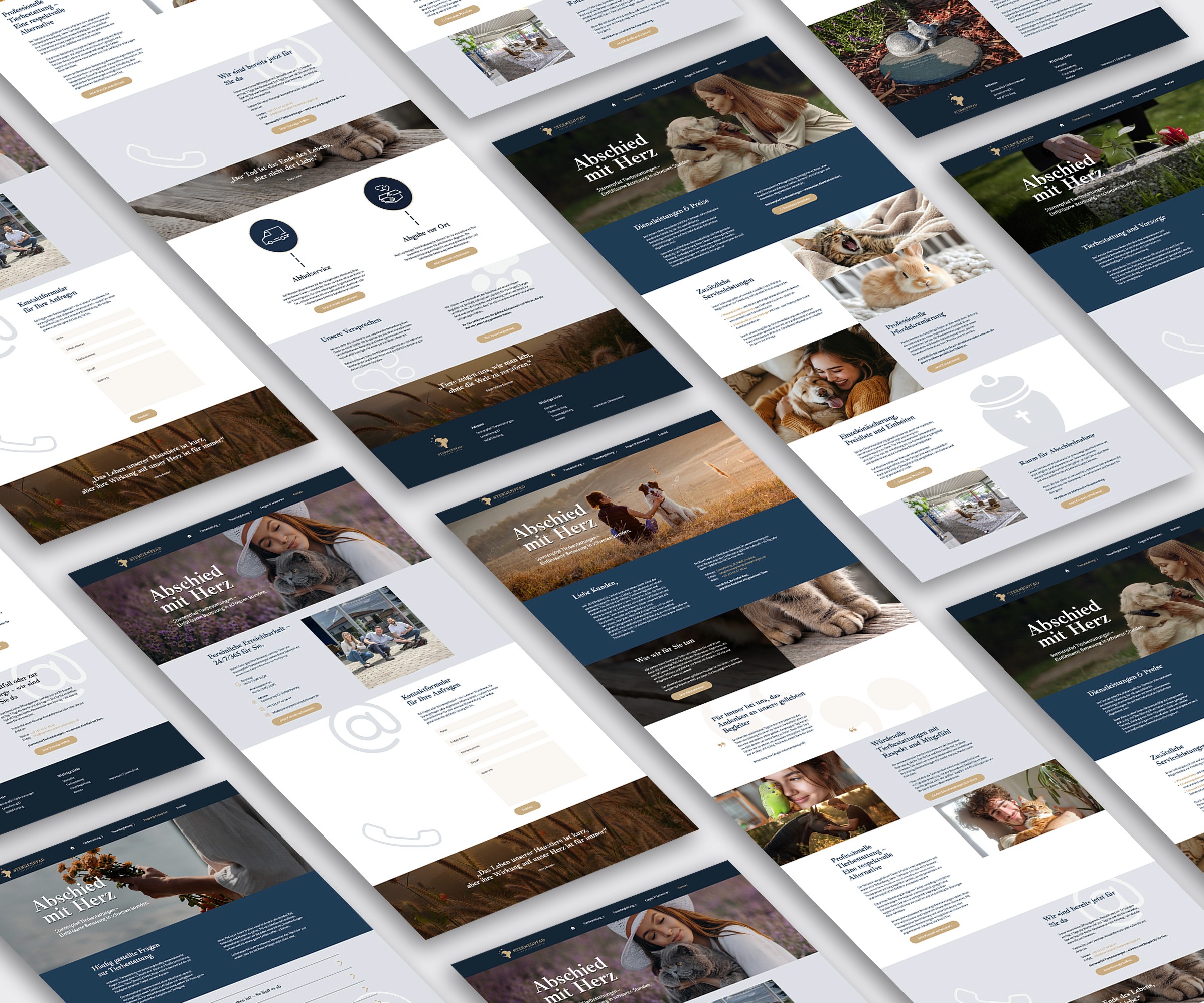 Website-Mockup/Referenz einer modernen Website für Tierbestattungen und Tiertrauerbegleitung (Sternenpfad) mit elegantem weiß-blauem Design.