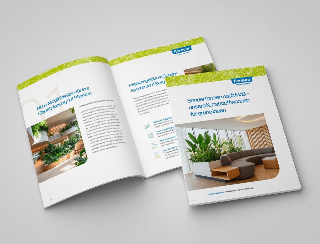 Prospekt-Mockup/Referenz eines modernen Corporate Designs für maßgefertigte Kunststoffwannen und Pflanzsysteme (Florever) mit weiß-grünem Design.