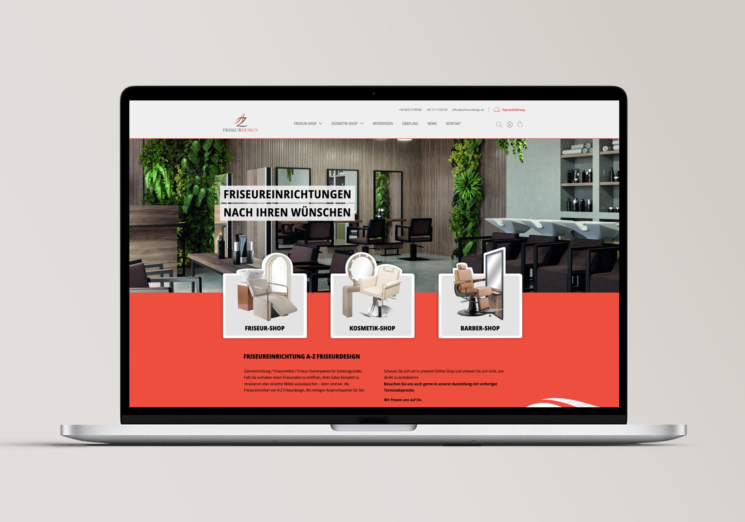 Laptop-Mockup/Referenz einer modernen Website für Friseureinrichtungen und Salonmöbel (AZ Friseurdesign) mit natürlichem und orangen Design.