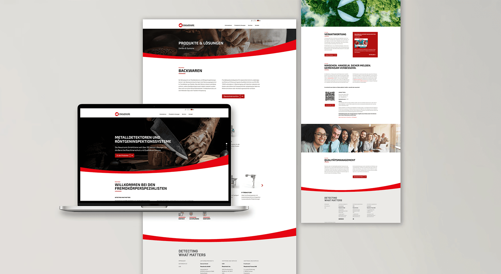 Mockup/Referenz einer modernen Website für Metalldetektoren und Röntgeninspektionssysteme (Mesutronic) mit schwarzem, weißem und rotem Design.