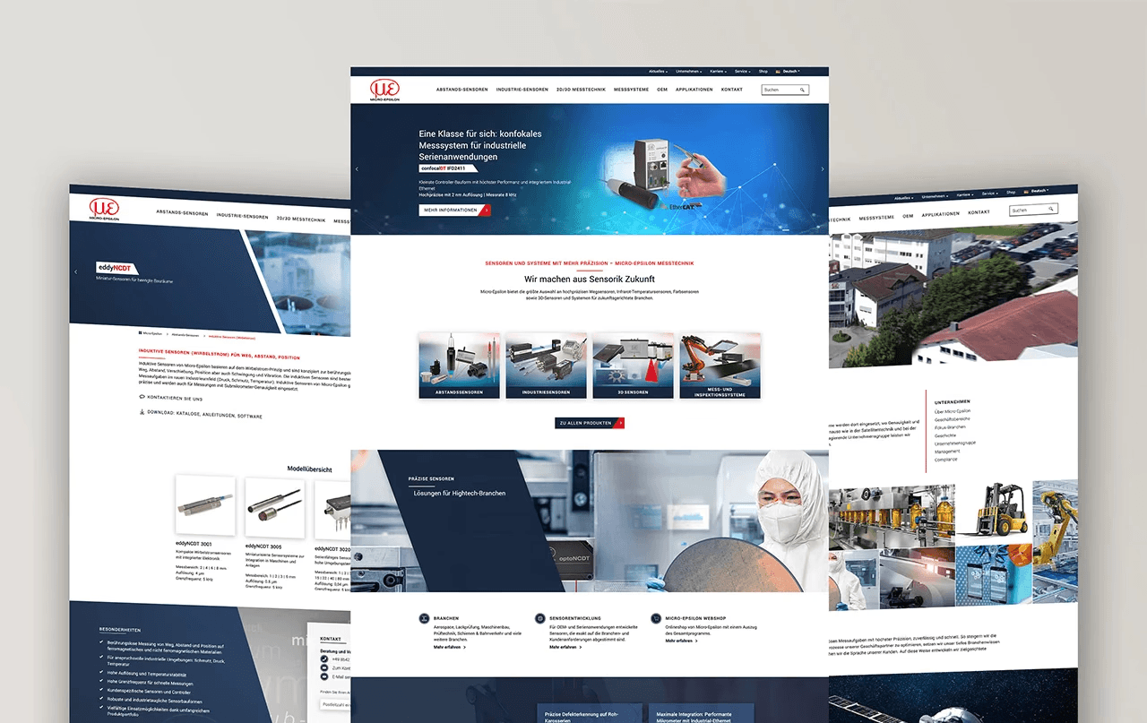 Mockup/Referenz einer modernen Website für Metalldetektoren und Röntgeninspektionssysteme (Mesutronic) mit schwarzem, weißem und rotem Design.